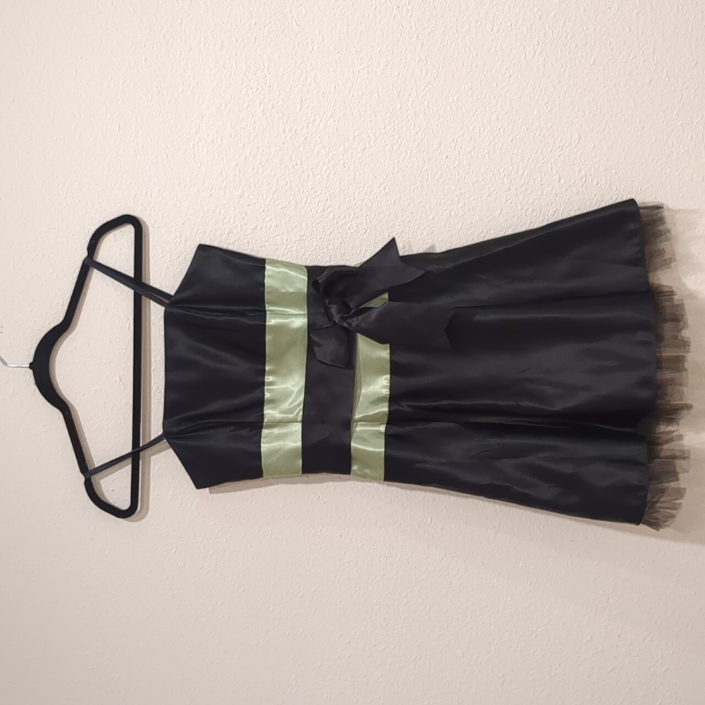 Jessica McClintock Satin Black and Green Mini Dress
